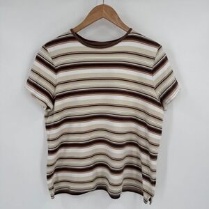 Studio Works Cream/Brown Striped Short Sleeve Scoop Neck Shirt Women's XL‎